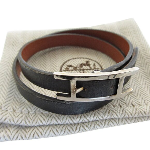 Auth HERMES Api Bracelet Black / Silver leather/metal s0568a - Picture 1 of 10